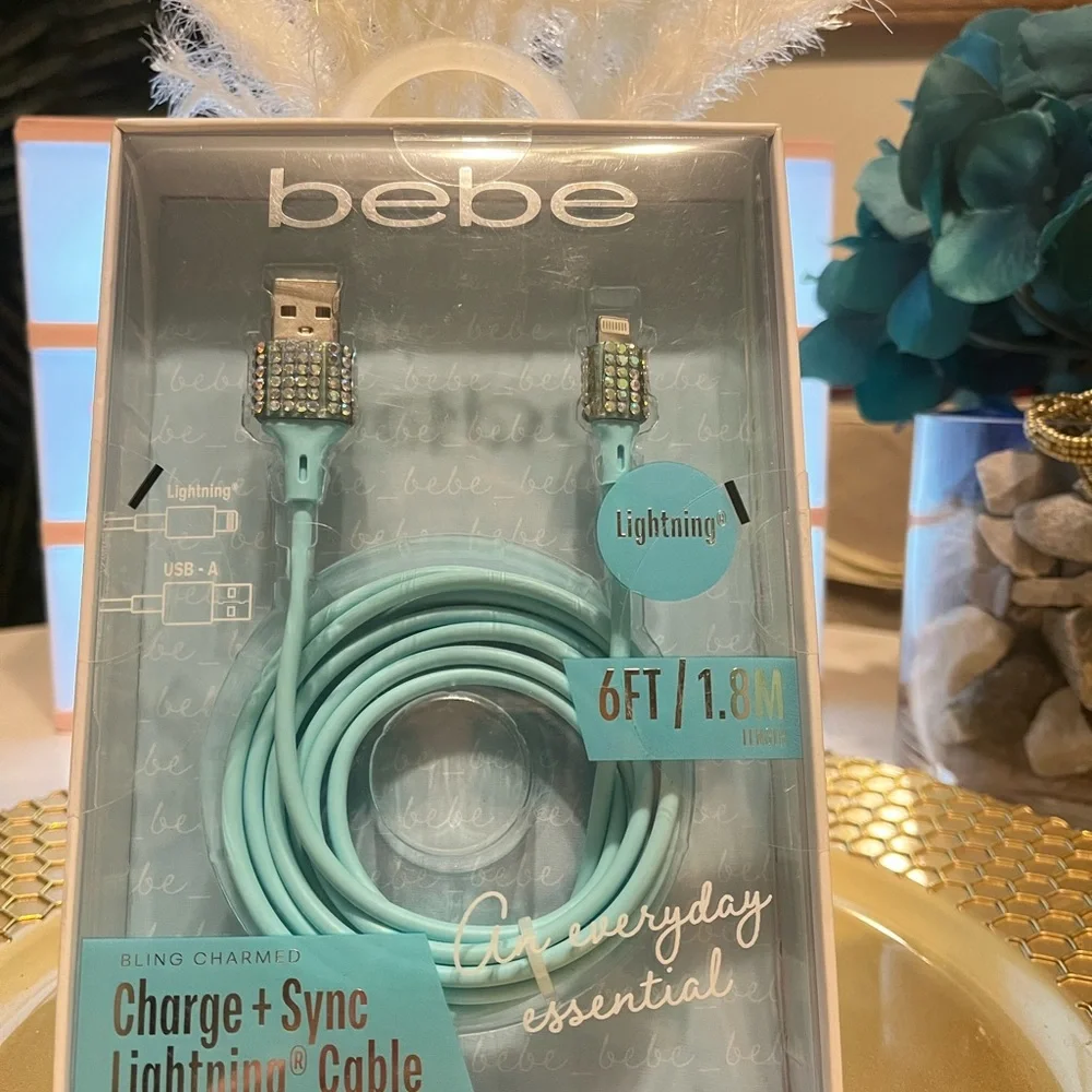 Bebe Aqua Lightning Cable with Rhinestone Accents cellphone